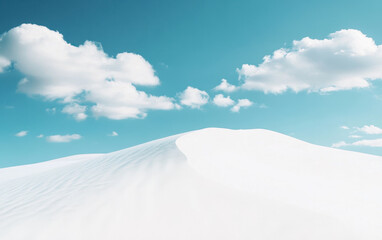 Endless rolling dunes under bright blue sky with fluffy clouds create serene landscape. soft white sand contrasts beautifully with vibrant sky, evoking sense of tranquility