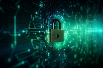 Poster - locked padlock securing data on a circuit board, symbolizing robust cybersecurity and data protectio