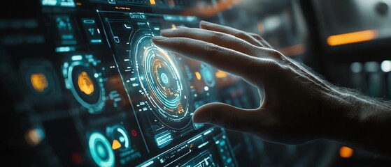 Poster - Closeup of a hand interacting with a dynamic digital display, showing data icons and alerts, glowing futuristic interface with advanced technology in a sleek environment