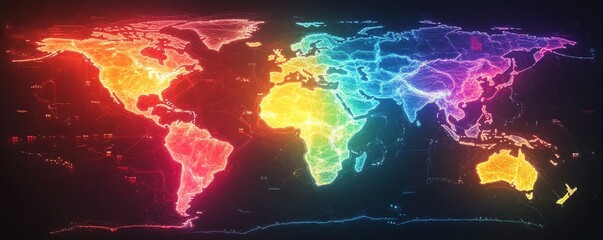 Poster - Digital world map glowing with vibrant connections, highlighting global network and data flow between continents, neon lights emphasizing technology and international communication