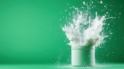 Poster - A mint green container erupts with white paint against a matching green backdrop, symbolizing creativity and expression, capturing an explosive moment of artistic energy.