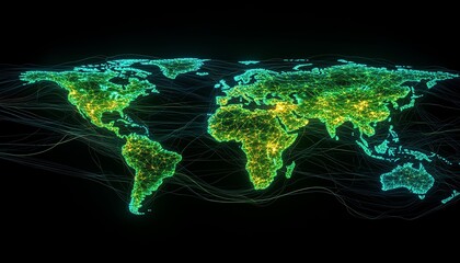 Poster - Futuristic digital world map with neoncolored connections highlighting global networks