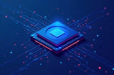 Fototapete - Abstract processor, computer digital chip, printed circuit board. Artificial intelligence. Dark blue technology background, template, design element for web banner 