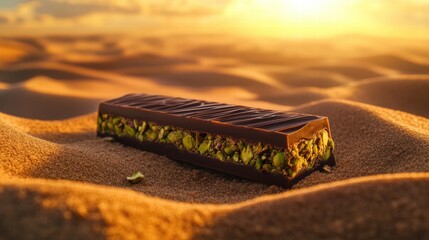 Aufkleber - Chocolate bar with pistachio paste filling resting on golden sand at sunset. Generative AI