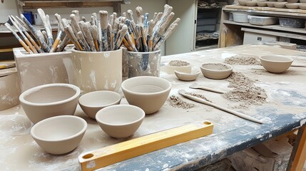 Wall Mural - A clean workstation with neatly arranged pottery tools and fresh clay