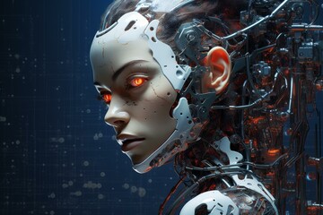 Poster - Cyborg woman with glowing eyes and intricate mechanical parts integrated into her being, embodying the future of artificial intelligence