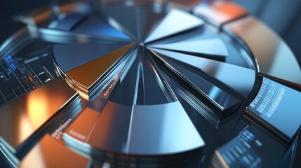 Leinwandbilder - A top-down view of a D pie chart representing different financial sectors, with shiny, metallic segments and clear labels indicating various investment categories.
