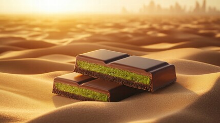 Poster - Chocolate bar filled with smooth pistachio paste nestled in sandy desert landscape at sunset. Generative AI