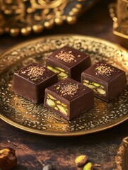 Poster - Savory chocolate squares filled with pistachio on an ornate golden plate with intricate Arabic patterns. Generative AI