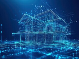 Poster - Futuristic Architectural Design in Digital Blueprint with Geometric Structures and Circuit Patterns Representing Innovation in Construction Industry