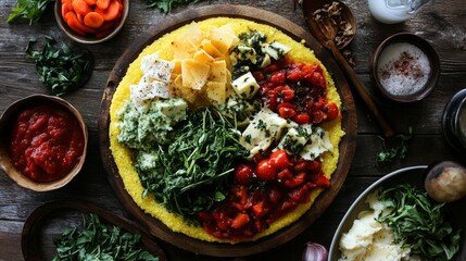Poster - A vibrant overhead shot of a polenta board with different toppings, including cheese, vegetables, and sauces, inviting viewers to explore the diverse flavors.