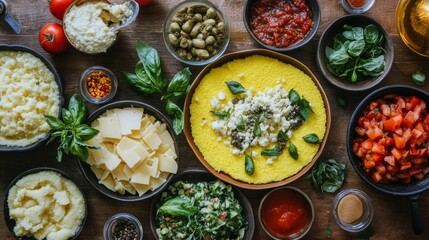 Poster - A vibrant overhead shot of a polenta board with different toppings, including cheese, vegetables, and sauces, inviting viewers to explore the diverse flavors.