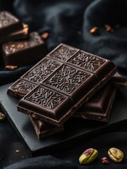 Poster - Exquisite cut chocolate with pistachio filling served on a golden plate adorned with intricate Arabic patterns. Generative AI