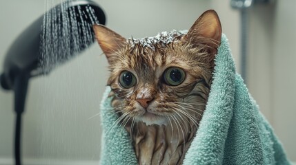 Poster - A wet, towel-wrapped cat being carefully dried off after a bath, with a blow dryer gently blowing in the background.
