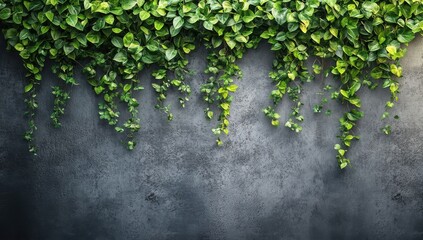 Poster - Lush Green Ivy Vines Cascading Down a Textured Gray Wall Creating a Serene and Inviting Natural Atmosphere Perfect for Interior Decoration or Eco-Friendly Concepts