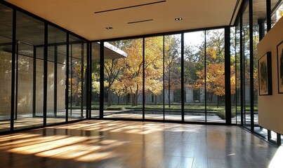 Poster - Autumnal Sunlight Illuminates Modern Glass Gallery Interior