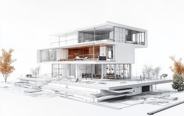 Aufkleber - Modern Architectural Concept Design Featuring Minimalist Style with Open Spaces, Natural Light, Glass Facades, and Sleek Contemporary Elements in a Unique Structure