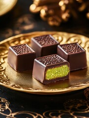 Poster - Delicious chocolate pieces filled with pistachio displayed elegantly on a golden plate with intricate Arabic patterns. Generative AI