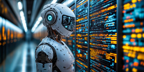 Poster - ai robot analyzing data panels for technology consulting and software innovation