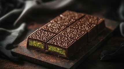 Poster - Indulgent cut chocolate filled with pistachio on an ornate golden plate surrounded by intricate Arabic designs. Generative AI