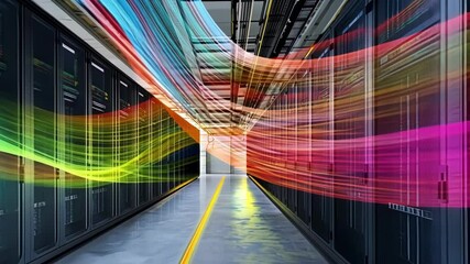 Poster - a dynamic energy flow of visualized data streams within a data center where rows of servers process 