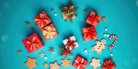 Poster - A Festive Arrangement of Wrapped Presents, Gingerbread Cookies, and Christmas Decorations on a Vibrant Blue Background