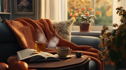 Sticker - A cozy living room corner with a soft throw blanket and a steaming cup of tea