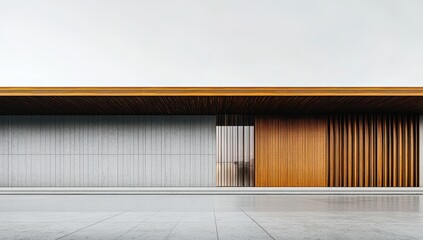 Poster - Modern Architectural Design Featuring Minimalist Concrete and Wood Elements with a Sleek, Open Facade Ideal for Contemporary Lifestyle and Urban Living Spaces