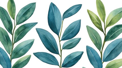 Wall Mural - Teal, green leaves watercolor painting, nature background, botanical illustration, home decor