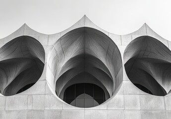 Poster - Modern Architectural Design Featuring Unique Curved Shapes and Textured Surfaces in a Contemporary Urban Setting Against a Soft Sky Background
