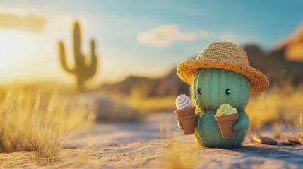 Poster - Cute cactus character wearing a hat, enjoying ice cream in a desert landscape at sunset.