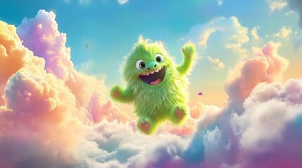 A bright green fluffy monster with a playful expression jumping on a cloud in a colorful sky