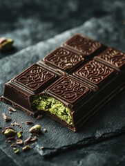Poster - Delicious chocolate with pistachio filling elegantly presented on a golden plate with intricate Arabic patterns. Generative AI