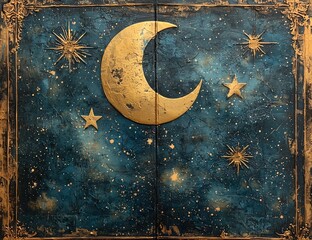 fabulous vintage illustration, night landscape with starry sky and golden moon. 3d