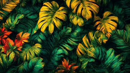 a vibrant and colorful digital art piece featuring a close-up of tropical leaves illuminated with a 