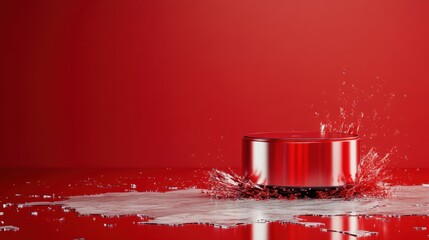 Poster - A vibrant red scene features a cylindrical object splashing in liquid, showcasing a dynamic and striking composition that exudes energy and modernity.