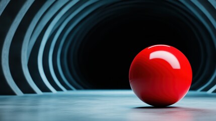 Poster - a glossy red sphere positioned within a minimalistic blue tunnel setting, highlighting simplicity an