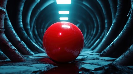 Poster - A vibrant red sphere situated in a sci-fi tunnel environment, illuminated by bright overhead lights, creating a sense of intrigue and modernity.