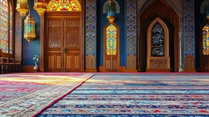 Sticker - Ornate Interior of a Mosque with Sunlit Carpet and Intricate Architectural Details