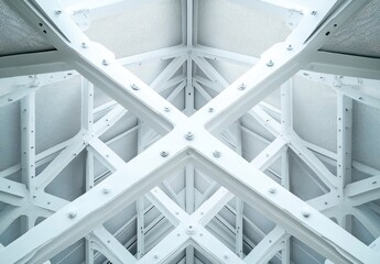 Poster - Modern Architectural Design with Intricate White Beams and Textured Ceiling Creating a Stylish Visual Effect from an Underneath Perspective