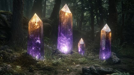Wall Mural - Enchanted Forest with Glowing Amethyst Crystals in Natural Setting