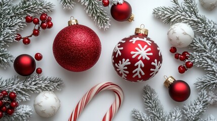 Poster - Festive Christmas ornaments, candy cane, and snowy branches on white background.