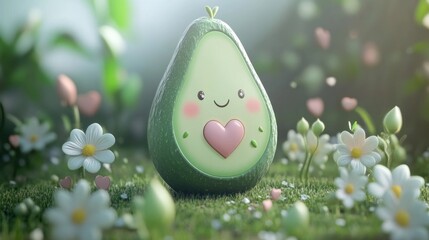 Canvas Print - Cute cartoon avocado with a heart, surrounded by flowers and greenery.