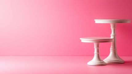 Poster - A minimalist aesthetic featuring two elegant pedestal tables set against a vivid pink background, evoking a sense of modern style and simplicity in this artistic composition.