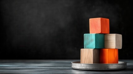 Poster - Colorful cubes stacked on a round metallic base on a dark background, creating an elegant composition with a blend of modern aesthetics and geometric precision.