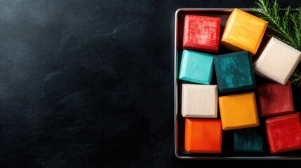 Aufkleber - An artistic top-view perspective of colorful cubes neatly arranged in a tray, surrounded by greenery, creating a vibrant visual display on a black surface.