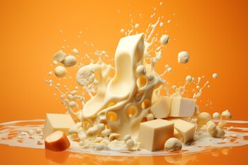 Poster - Cubes of cheese, milk drops, and a splash of creamy cheese create a dynamic composition on an orange background