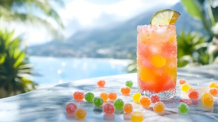 Sour candy scattered on a marble table with a refreshing tropical cocktail and a mountain view