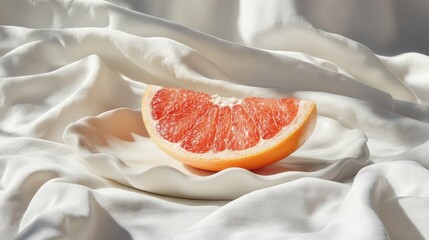 Wall Mural - Fresh Grapefruit Slice on White Fabric Background in Soft Lighting