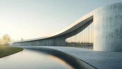 Poster - Modern architectural masterpiece with curved lines, large glass windows, and serene water reflection showcasing unique design and landscape interaction at sunrise